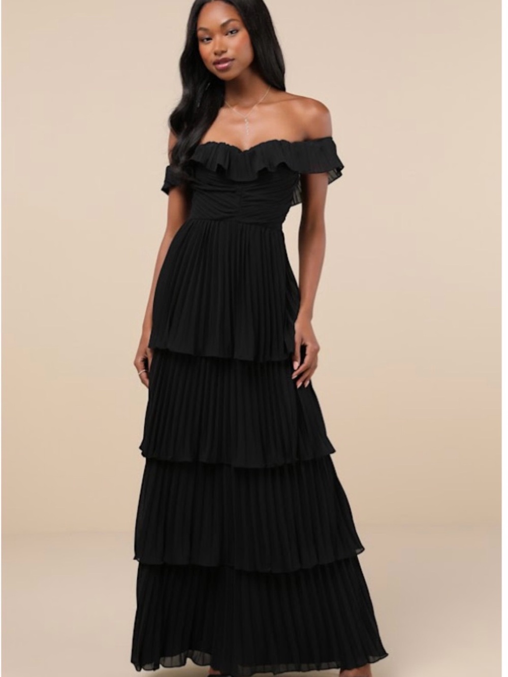 Lulu's Black Off-The-Shoulder Tiered Pleated Maxi Dress